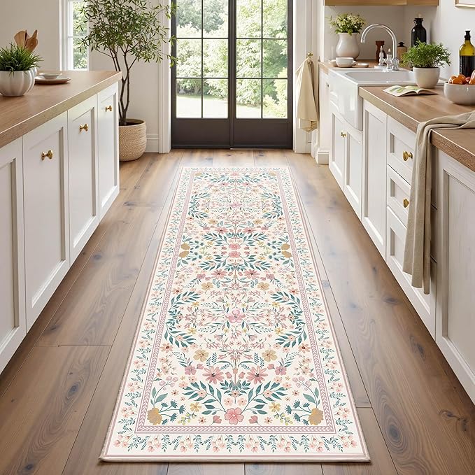 2x6 Floral Runner Rug, Washable Runners for Hallways, Pink Vintage Boho Kitchen Rugs, Non Slip Hallway Runner Carpet for Indoor Hallway, Kitchen, Laundry Room and Bathroom
