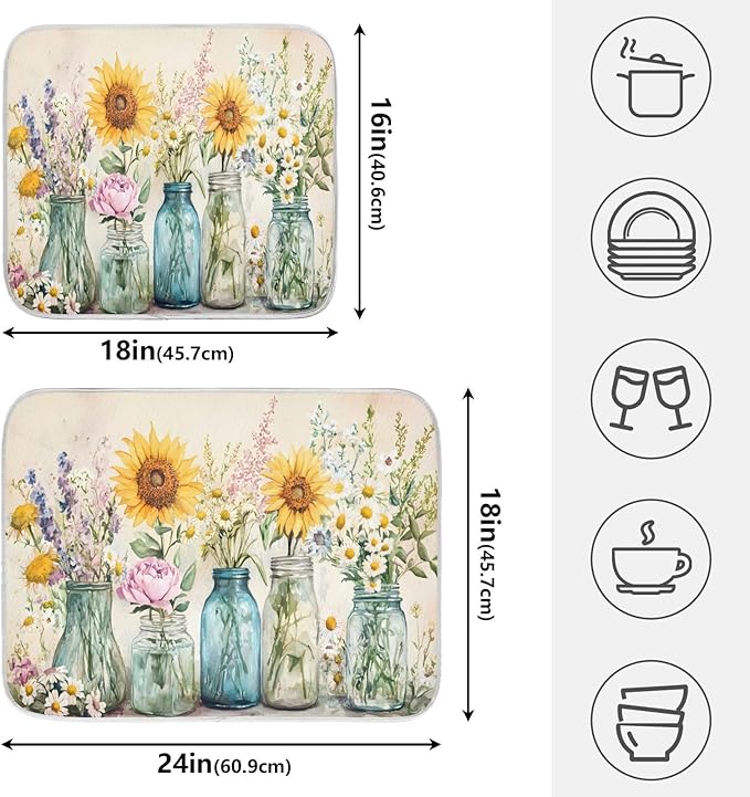 Spring Summer Floral Jars Flowers Dish Drying Mat for Kitchen Counter Absorbent Microfiber Large Drying Pad Dish mats for Kitchen Countertops 18 x 24 Inch