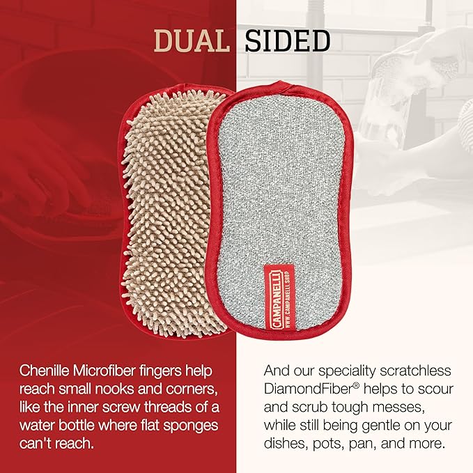 CAMPANELLI Premium Dual-Sided Dish Sponge | Chenille Microfiber & DiamondFiber Scrubber, Washable Reusable Sponges for Dishes Pots & Pans, Ergonomic Grip | 3 Pack - Taupe Gray Red