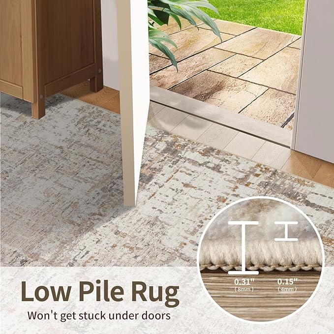 3x5 Washable Entryway Rug, Non Slip Boho Runner Rugs for Hallway, Entrance, Kitchen, Bathroom, Laundry Room, Soft Entryway Carpet, Throw Low Pile Retro Imitation Wool Carpet, Beige Grey