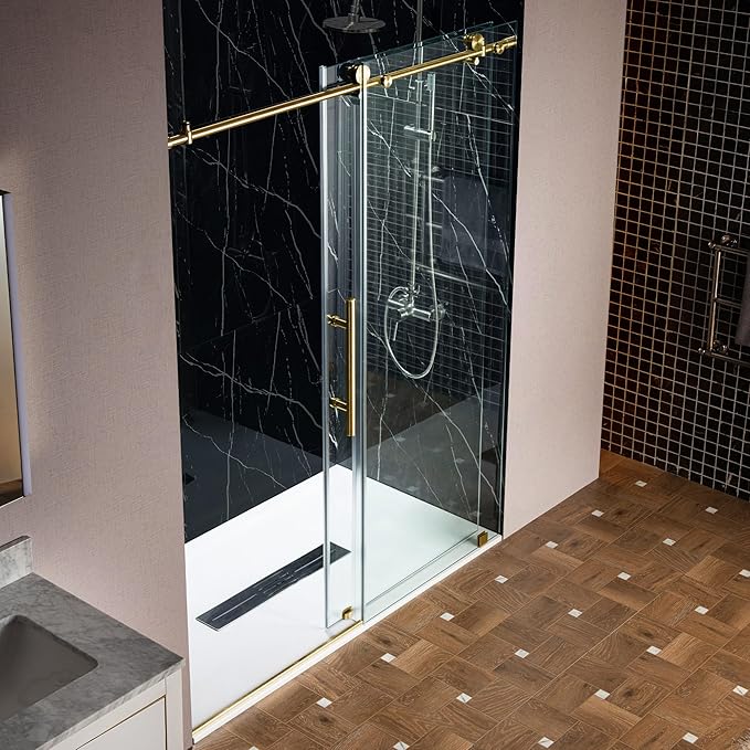 Woodbridge Frameless Single Sliding Shower Doors in Brushed Gold Finish, 45.5-48" Width x 76" Height with 3/8"(10mm) Clear Tempered Glass, Soft Close System and Explosion-Proof Film, BSDC4876-BG