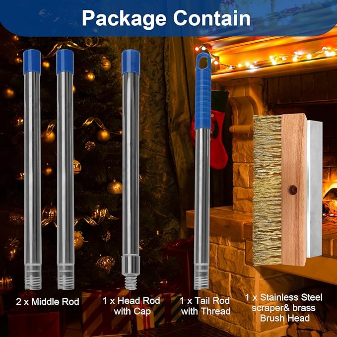 Pizza Oven Brush with Scraper and 4 Sections Detachable Long Rod and Scraper-Oven Brush for Removing Deep Burned-On Residue | Ideal for Pizza Shelf & Large Grills and Pizza Oven Accessories