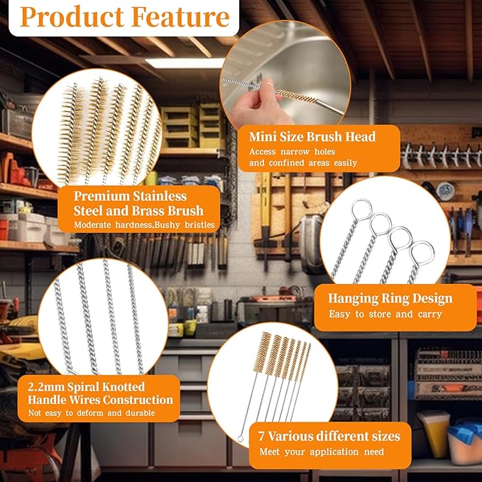 Brass Wire Brush Set 9pcs Tube Cleaning Brush 12" Round Wire Brushes Kit Bore Brush Metal Bristle Cleaning for Pipe, Tube, Auto Parts, Engine(6mm/8mm/10mm/12mm/14mm/15mm/18mm/20mm/25mm)