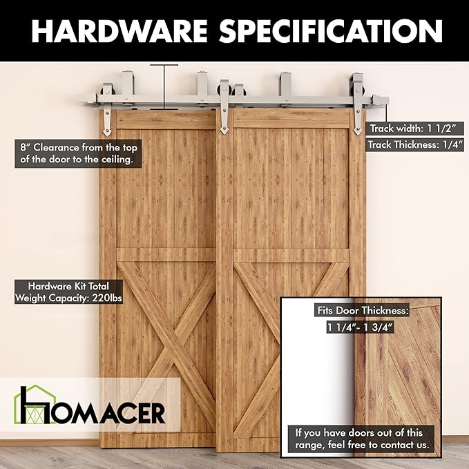 Homacer Brushed Nickel Double Track U-Shape Bypass Sliding Barn Door Hardware Kit, for Two/Double Doors, 5ft Long Flat Track, Arrow Design Roller