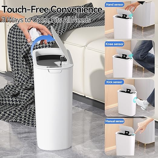 Automatic Motion Sensor Bathroom Trash Can with Lid, 5 Gallon Touchless Trash Bin,Smart Electric Narrow Waterproof Garbage Bin for Toilet, Office, Bedroom, Living Room, Dorm (White