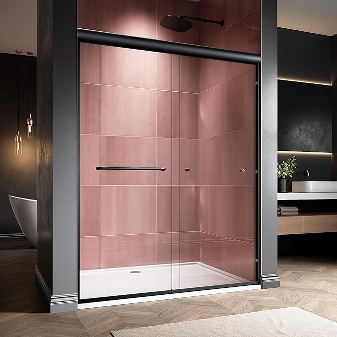 56-60" W x 76" H Semi-Frameless Double Sliding Glass Shower Door, 1/4" (6mm) Clear Tempered Glass, Bypass Sliding Shower Door for Bathroom, Easy to Clean (Matte Black, 60" W x 76" H)