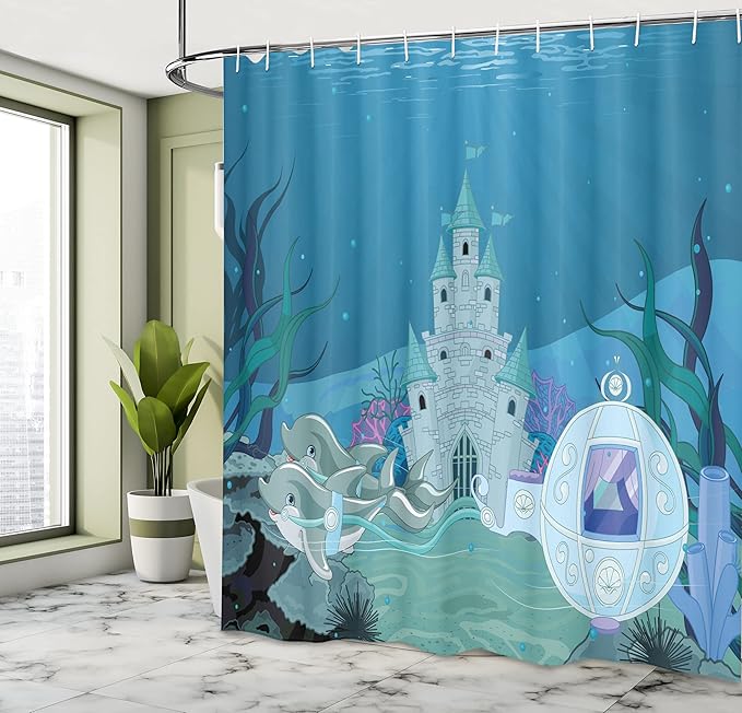Ambesonne Ocean Shower Curtain, Mermaid Castle with Dolphins Moss Fish Sun Beams Art Print, Cloth Fabric Bathroom Decor Set with Hooks, 69" W x 84" L, Turquoise Teal