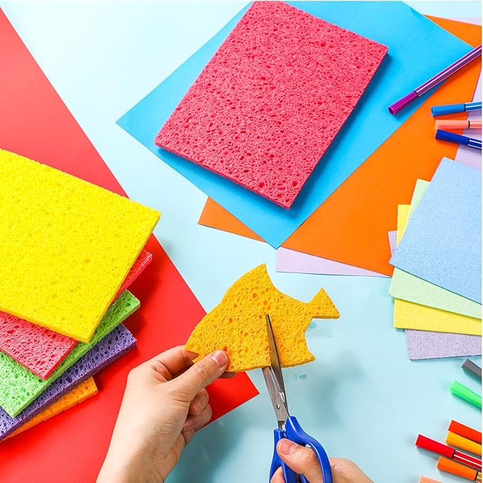 Honeydak 12 Pcs Cellulose Compressed Sponges for Craft 5" x 7" DIY Art Stamps Projects Supplies Assorted Colors Natural Dish Sponges for Classroom Crafts Home Cleaning
