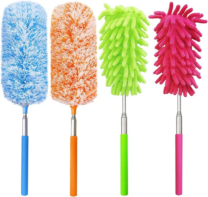 4 Pack Multi-Head Duster Kit, 13" to 30" Extendable Pole, Microfiber & Chenille Heads, Blue, Green, Orange, Multicolor, Washable, Bendable, For Furniture & Wall