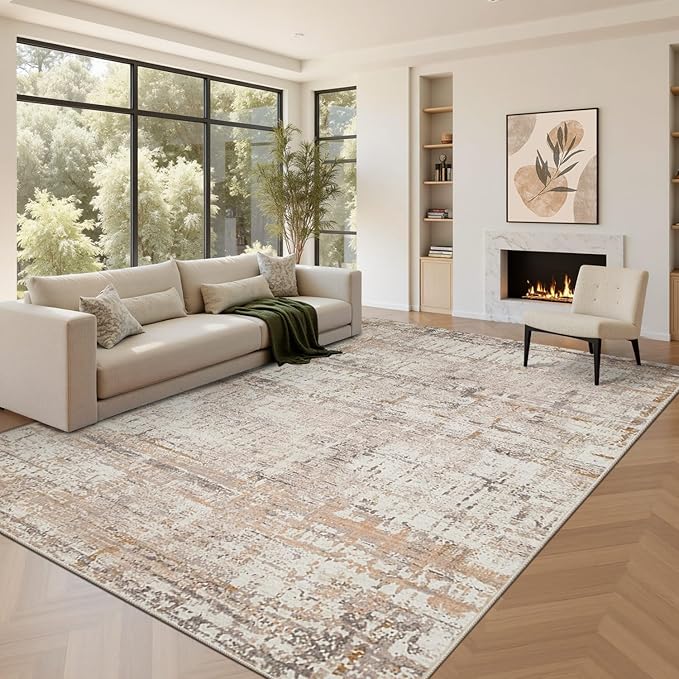 8x10 Modern Abstract Area Rugs,Large Soft Rugs for Living Room,Neutral Washable Rug,Beige Rugs for Bedroom Dining Room, Non-Slip Foldable Thin Indoor Carpet, Stain Resistant(Beige Grey)