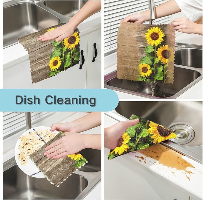 ALAZA Dish Towels Kitchen Cleaning Cloths Autumn Sunflowers On Wooden Board Dish Cloths Super Absorbent Kitchen Towels Lint Free Bar Tea Soft Towel Kitchen Accessories Set of 6,11"x11"