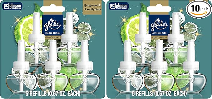 Glade PlugIns Refills Air Freshener,Bergamot & Eucalyptus,Scented and Essential Oils for Home and Bathroom,0.67 Fl Oz,(Pack of 10)