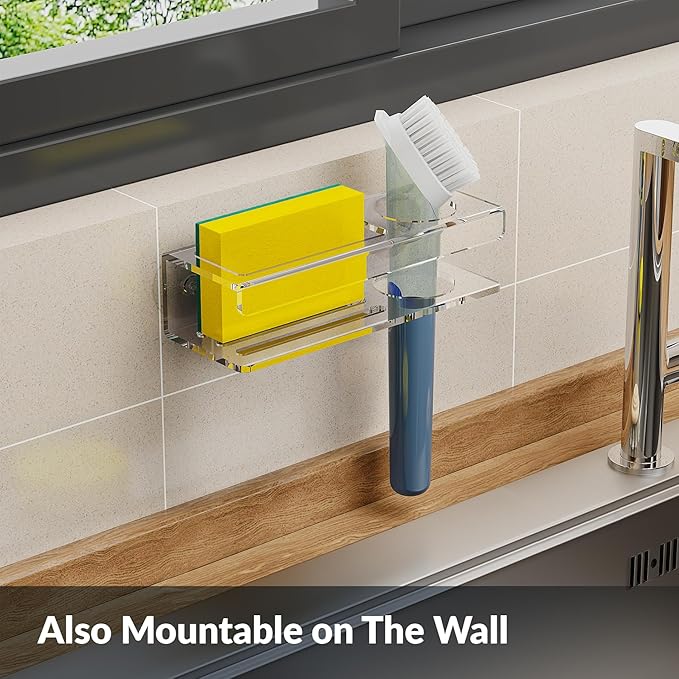 NiHome Acrylic Sponge Holder for Kitchen Sink, Compatible with Scrub Daddy Holder, Sink Caddy Kitchen Organizer with Suction Cups & Adhesive Mounting for Sponge, Soap, Dish Brush, Scrubber