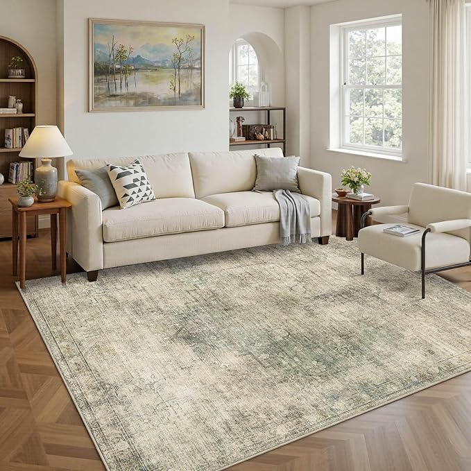 Vintage 5x7 Area Rug, Washable Green Rugs for Living Room, Bedroom, Dining Room, Kitchen, Boho Indoor Soft Rugs for Dorm Classroom Playroom, Non Slip Low Pile Distressed Carpets for Office
