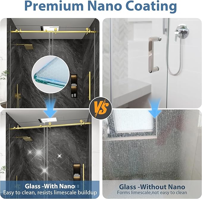 KPUY Frameless Shower Door, 49-54" W x 76" H Sliding Glass Shower Door, 1/4" (6mm) Thick Tempered Clear Glass with Explosion-Proof Film Nano Coating, Stainless Steel Hardware, Brushed Gold