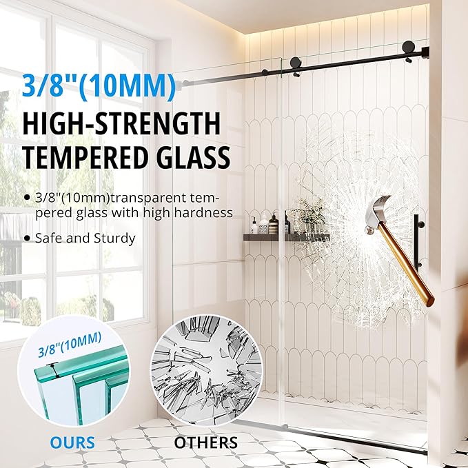 Frameless Sliding Shower Door 56–60 in W x 76 in H, 10mm Clear Tempered Glass Shower Doors Glass Sliding 60 Inches, Single Nano Coating, Stainless Steel Hardware, Silent Smooth Rollers, Matte Black