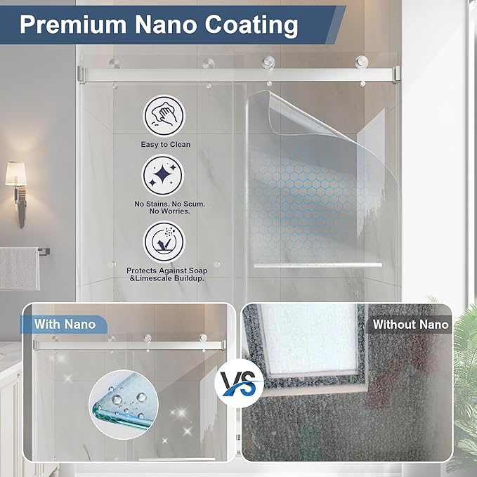 Frameless Double Sliding Shower Doors, 43-48" W x 76" H Shower Glass Door, 1/4" (6mm) Thick ANSI Certified Tempered Glass with Explosion-Proof Film and Nano Coating, Brushed Nickle