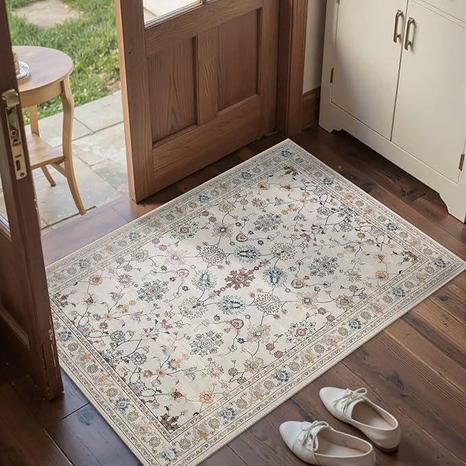 Door Mat Floral Entryway Rug, Washable Samll 2x3 Rug, Boho Front Door Mat, Non Slip Area Rugs, Low Pile Throw Accent Carpet for Indoor Entrance, Bathroom and Kitchen(Grey 2x3ft)