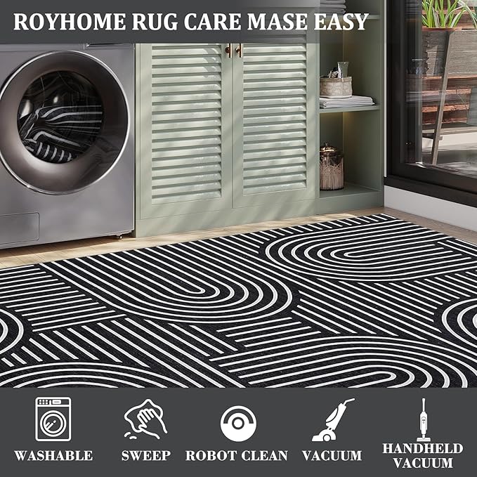 Washable Rug 6ft Area Rugs for Living Room, Abstract Rug for Bedroom, Soft Rainbow Non Slip Throw Rugs with Rubber Back, Low Pile Stain Resistant Boho Geometric Carpet for Dining Room,Black