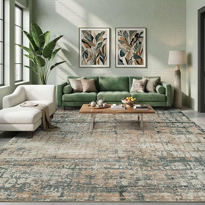 10x14 Extra Large Washable Area Rug, Soft Abstract Vintage Rug for Living Room, Bedroom, Office, Farmhouse, Low Pile Imitation Wool Non Slip Carpet Ideal for High-Traffic Areas, Moss