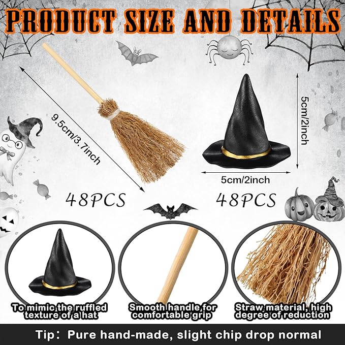 48 Pcs Mini Witch Hats and Broom for Crafts Halloween Wizard Accessories for Party Favors Decor (Black,1.97 Inches)