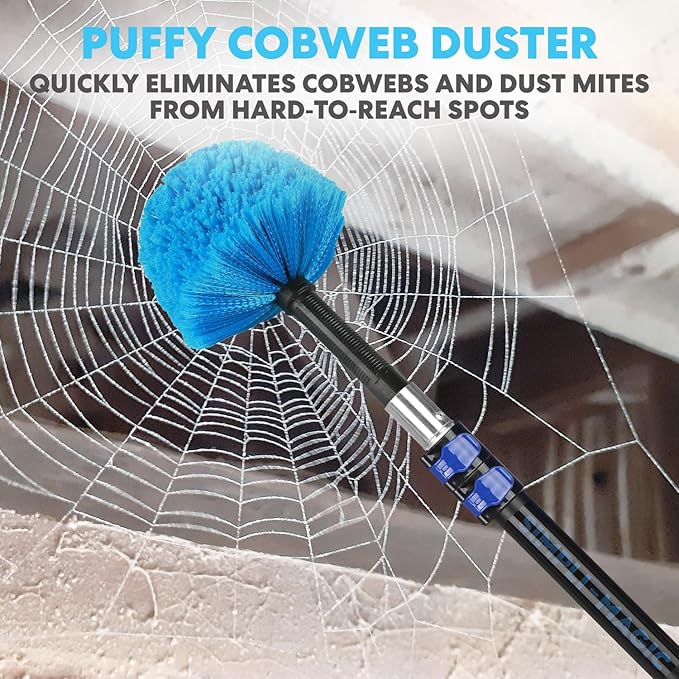 Simpli-Magic 5-to-12 Foot Cobweb Duster with Extension Pole Combo (20 Ft Reach, Medium-Stiff Bristles), Spider Web Brush with Pole - Hand-Packaged, Lightweight, 3-Stage Aluminum Pole
