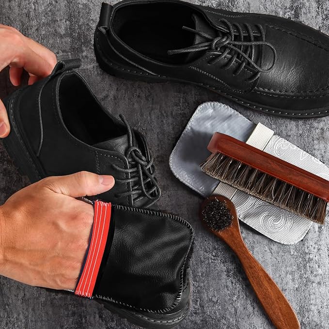 3 Pcs Shoe Brush Kit, Premium Horsehair Shoe Brush with Shoe Polishing Glove for Leather, Professional Boot Brush Shoe Polish Kit for Cleaning (3, Brown)