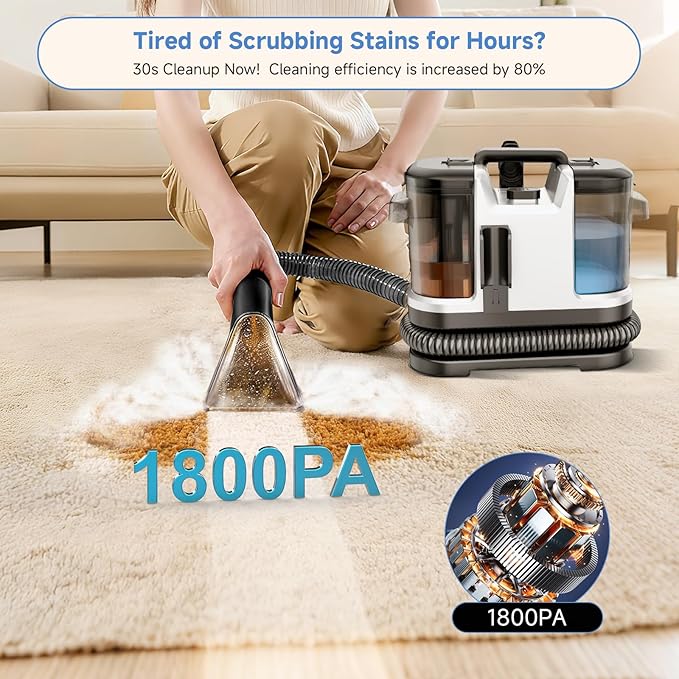 Portable Carpet & Upholstery Cleaner Machine, Handheld Spot Cleaner with Dual Brush, 18KPa Suction, Large Removable Tank for Couch, Car, Stairs, Rugs & Pet Stains,White