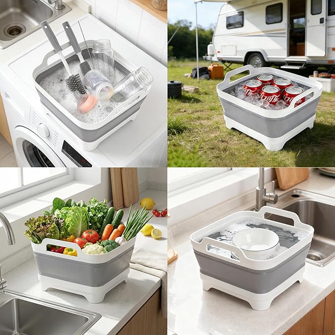 Collapsible Wash Basin for Baby Bottles - Portable 2.4 Gallon Dish Tub with Drying Rack & Lid, Foldable Sink for Camping, Outdoor Space-Saving Tub for Kitchen, RV, Camping, Outdoor Use