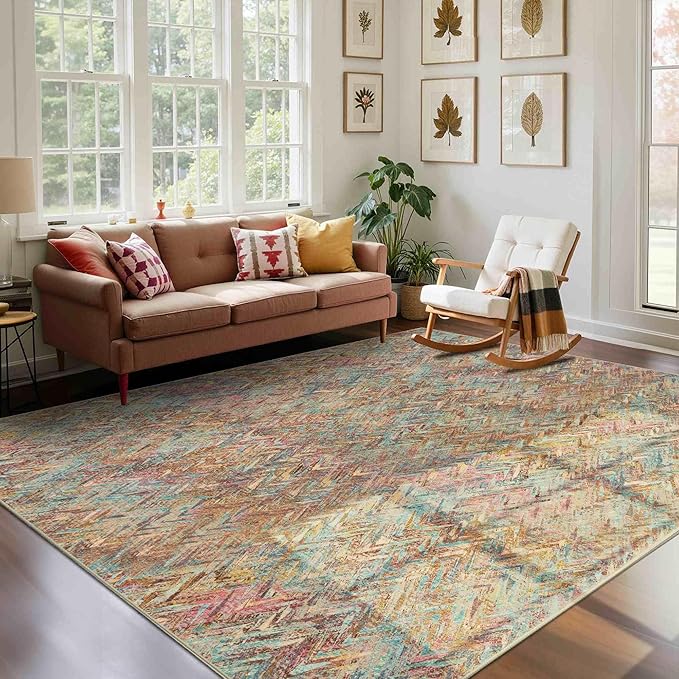 Floral Rug for Living Room Bedroom, 6x9 Washable Rug, Vintage Boho Style, Large Non Slip & Low Pile Wool Carpet for Indoor Dining Room, Girls Room, Nursery Room and Kids Room(Multi 6x9ft)