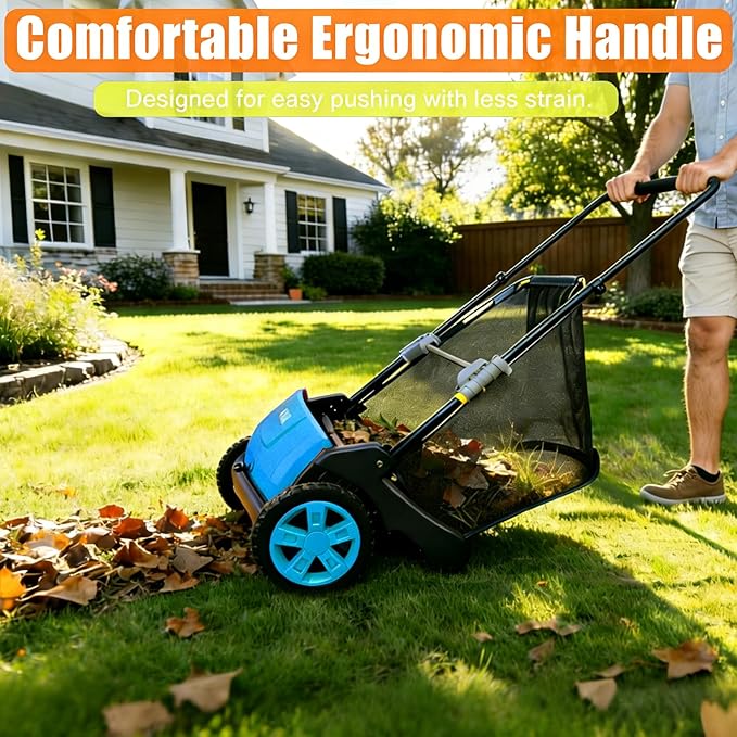 Manual Push Lawn Sweeper 21-Inch, Yard Leaf & Debris Collector with 3.5 Cu. Ft. Collection Bag, Adjustable Brush Height for Lawns & Driveways, Foldable Storage Design