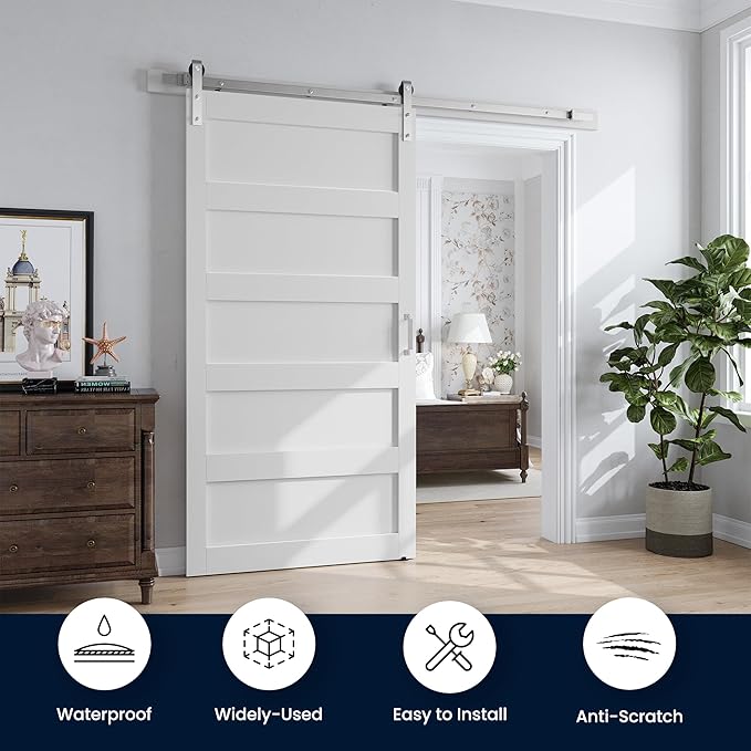 SmartStandard 42x96 inch White Barn Door with 7FT Brushed Nickel Sliding Door Hardware Track Kit Included, Solid MDF Slab, Waterproof PVC Surface, 5-Panel, Suitable for Openings up to 40in x 94in