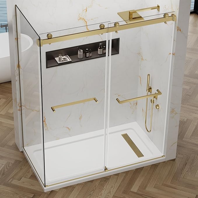 60x76 in Frameless Double Sliding Shower Door with 32x76 in Side Panel, Nano Glass, 304 Stainless Steel in Brushed Gold, L-Shape Design, Reversible Install