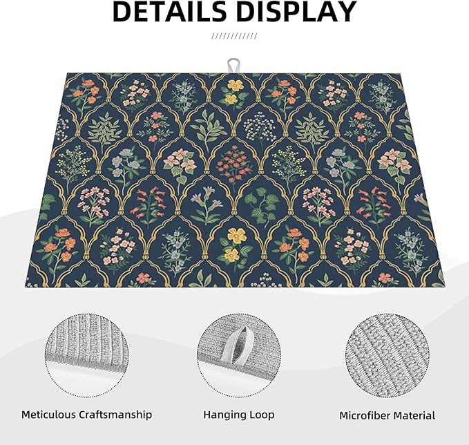 Vintage Flowers Dish Drying Mat 18x24 inches Microfiber Absorbent Fast Dry Mat for Kitchen Counter Coffee Bar Boho Floral Large Drying Mat Kitchen Decor Gifts (Vintage Flowers, 18x24 inches)