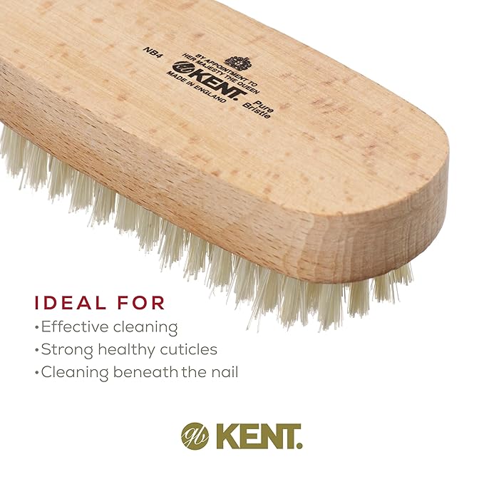 Kent NB4 Natural Bristle Fingernail Brush and Hand Scrub Brush for Nails. Beechwood Finger Nail Brush to Clean Nails and Nail Scrubber Brush for Hands, Feet, Fingernails, and Toenails. Made in England