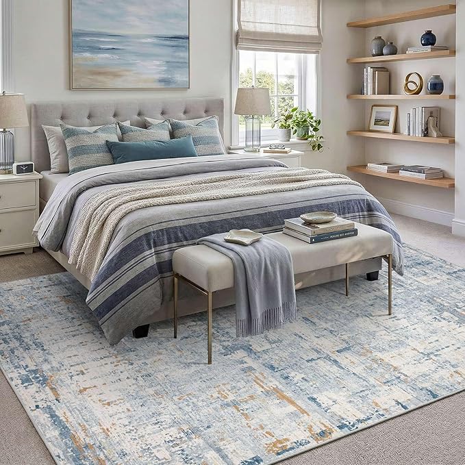 6x9 Washable Area Rug for Living Room, Modern Abstract Large Boho Rugs for Office, Dining Room, Kids Room, Farmhouse, Durable Low Pile Non Slip Carpet for High Traffic Areas, Blue Beige