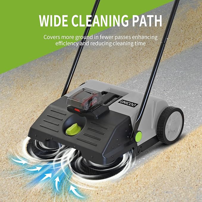 UNICOO® Electric Hand Push Floor Sweeper – Battery Powered Walk-Behind Sweeper with Dual Brush Rollers, 23" Sweeping Width & 6.6 Gallon Waste Bin – Indoor/Outdoor Push Sweeper (Gray)