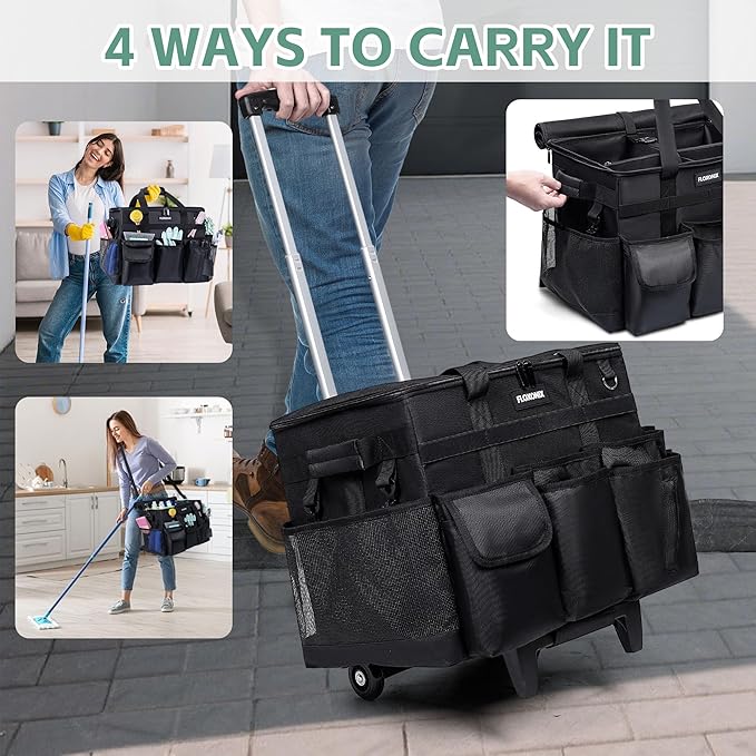 Large Rolling Cleaning Caddy Bag with Wheels, with Detachable Trolley, Cleaning Bags on Wheels for Housekeepers, Cleaning Cart Supplies Organizer for Home, Car, Picnic (Black)