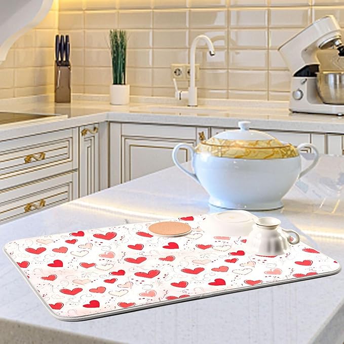 Happy Valentine’s Day Dish Drying Mat for Kitchen Countertop 16x18 Love Heart Red Pink Small Drying Mat Reusable Quick Dry Dish Sink Mats Easy Clean Decorative Essentials
