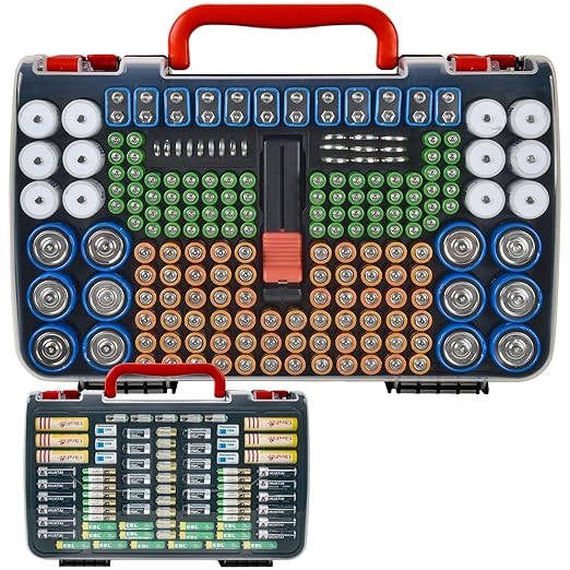 Double-Sided Battery Storage Organizer Case with BT-168 Tester, Holds 269, Fits AA AAA AAAA C D 9V 18650 CR123A CR2 23A 4LR44 and Coin Cells, Water-Resistant, Portable Handle - Black