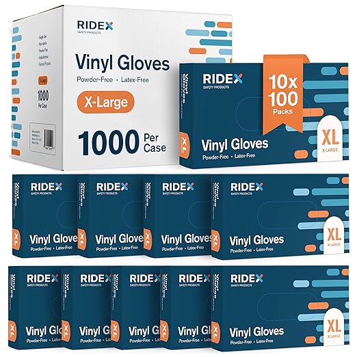 Ridex Disposable Gloves, Latex-Free Clear Vinyl, X-Large, 1000-Count, All-Purpose, Ambidextrous, Powder-Free, Transparent, Hypoallergenic, Resilient, Food Handling, Commercial Kitchen