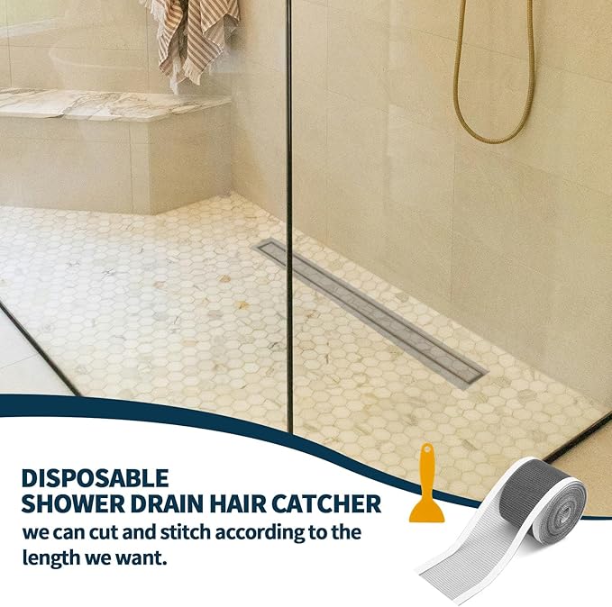 2 PCS 2.75 Inch x 33 FT Disposable Shower Drain Screen Self-Adhesive Stickers, with Cleaning Shovel, Showers Drain Hair Catcher, Shower Drain Mesh Stickers for Bathroom Kitchen Sink