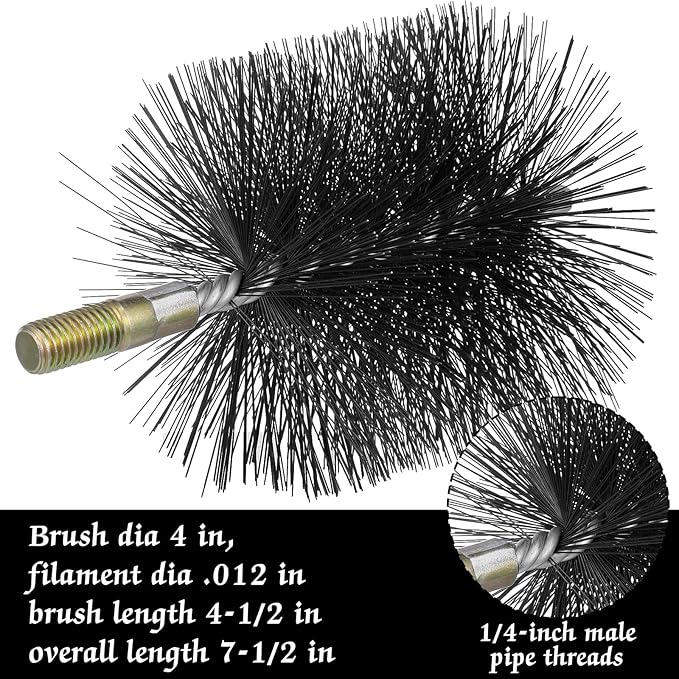 RattanView 4 Inch Double Spiral Flue Brush Round Chimney Cleaning Brush with 1/4" Npt Fitting for Chimneys Stove Pipes Cleaning Accessories