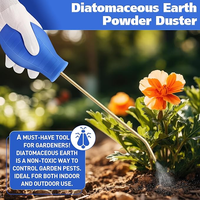 Diatomaceous Earth Powder Duster, 8OZ Garden Powder Applicator Dispenser with Long Metal Tube, Bulb Duster Sprayer for Home Organic Gardening Agricultural Supply(Blue, 1 Pack)