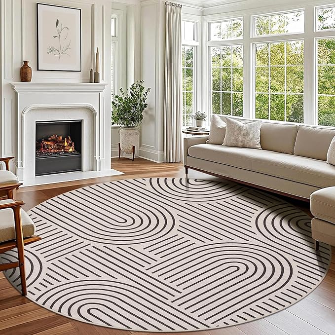 Washable Rug 4ft Area Rugs for Living Room, Abstract Rug for Bedroom, Soft Rainbow Non Slip Throw Rugs with Rubber Back, Low Pile Stain Resistant Boho Geometric Carpet for Dining Room,LightCamel