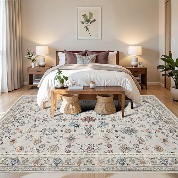Floral Rug for Living Room Bedroom, 6x9 Washable Rug, Vintage Boho Area Rug, Large Non Slip Low Pile Wool Carpet for Indoor Dining Room,Girls Room,Nursery Room and Kids Room(Grey 6x9ft)