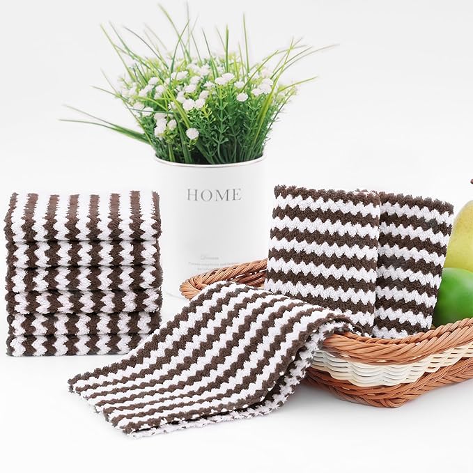 Homaxy 18 Pack Kitchen Dish Cloths, Ultra Soft and Absorbent Dish Towels, Reusable Fast Drying Microfiber Cleaning Cloth, Coral Velvet Wave Design Lint Free, 10 x 10 inches, Brown