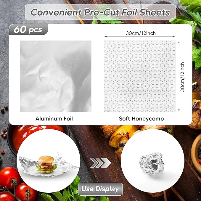 60 Packs Aluminum Foil Sheets for Food, Insulated Foil Sandwich Wrap Sheets 12"x12" Pre-Cut Foil Paper Greaseproof Waterproof Food Wrapping Paper for Sandwiches Burritos Hamburger Hot Dogs BBQ Burger