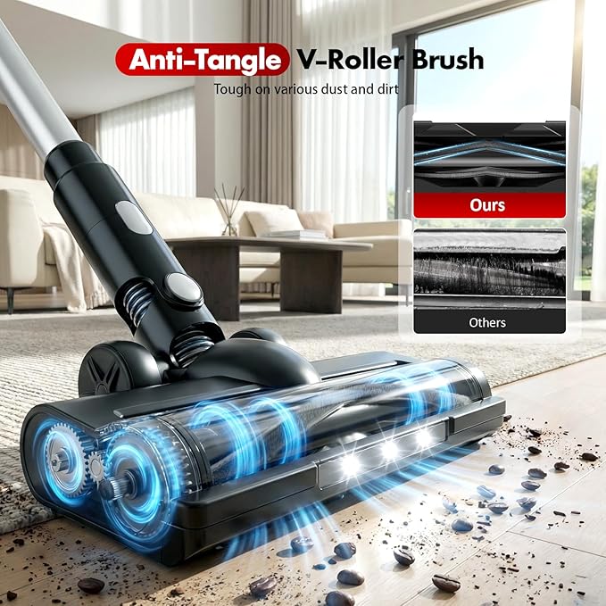 Cordless Vacuum Cleaners for Home with 2*Battery 8000mAh, Brushless Rechargeable Stick Vacuum with 3 Mode, 6 In 1 Portable Handheld Cordless Vacuum for Pet Hair /Hardwood Floor/Dorm/Carpet (Red)
