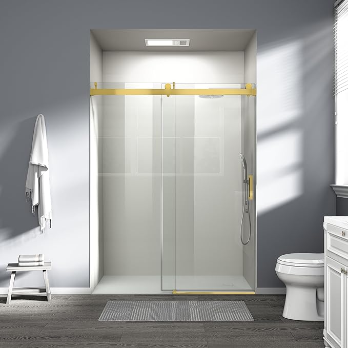 Abruzzo 56"-60" x76" Frameless Shower Door Gold - Soft-Close Sliding Enclosure with 6mm Explosion-Proof Glass, Adjustable Reversible Design for Modern Bathrooms